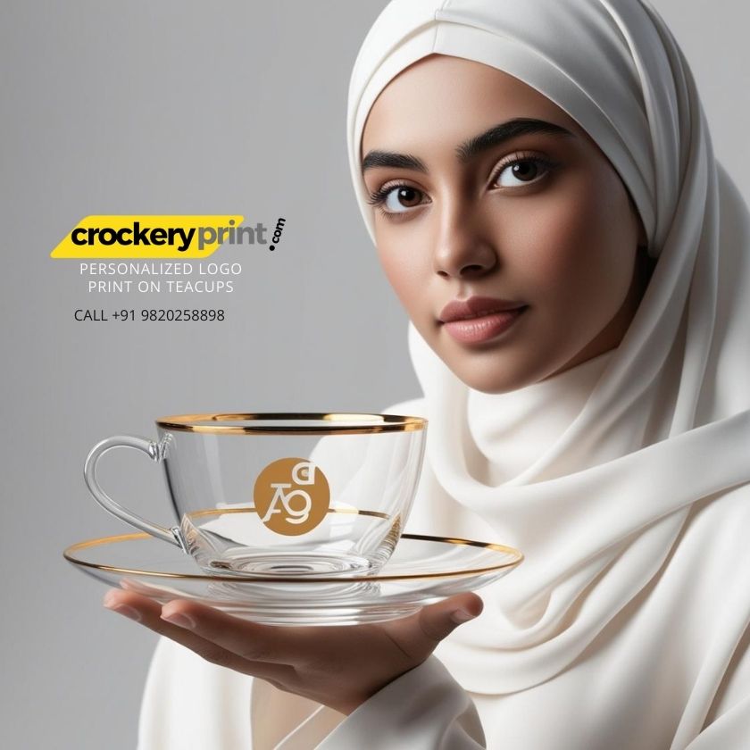 Custom logo printing on elegant glass teacups for restaurants, cafes, and hotels – durable, bespoke branding solutions for hospitality businesses by Crockeryprint.com.