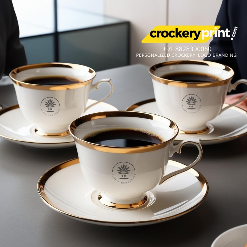 Custom printed ceramic mugs for corporate branding in India, personalized dinnerware with logo, bulk restaurant crockery printing services by Crockeryprint.com.